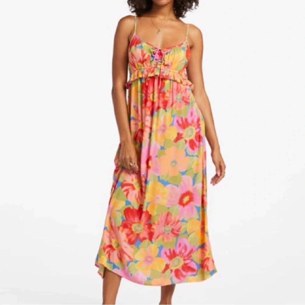 Billabong Rebel Heart Multicolor Floral Print Ruffle Dress. Medium - Picture 1 of 10